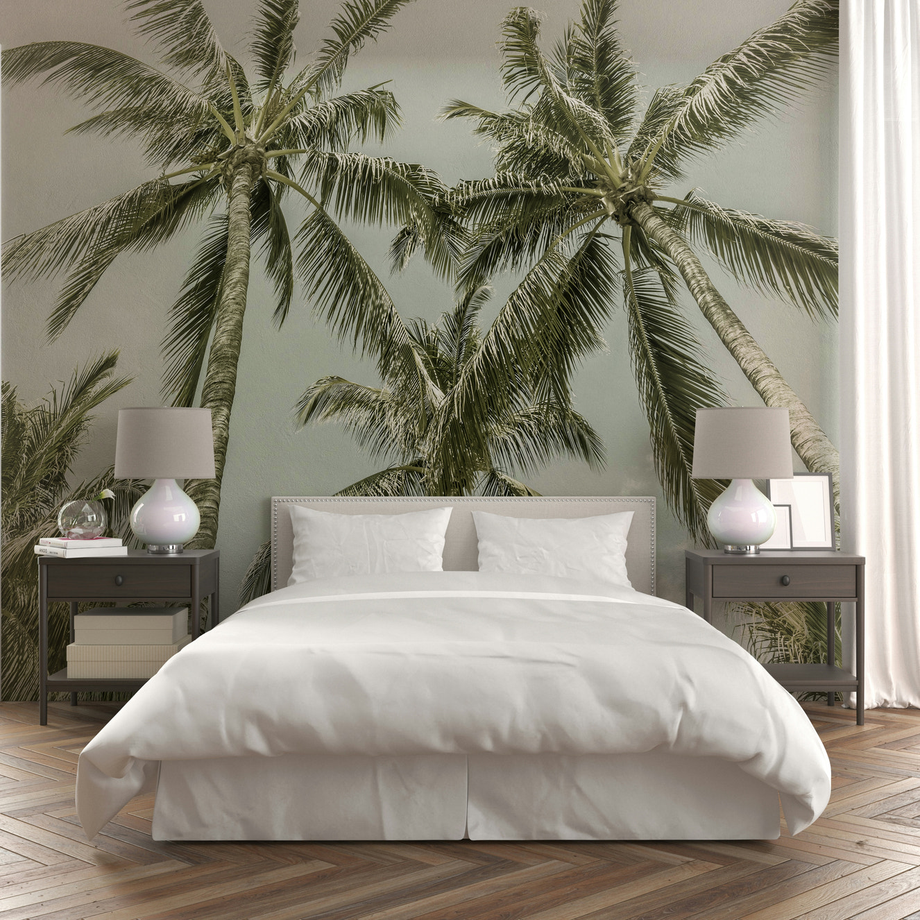 Lovely Palm Trees Vintage Wall Mural with soft coastal tones

