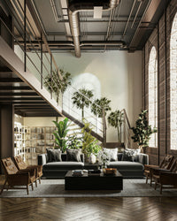 Vintage coastal mural with palm trees by the ocean

