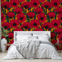 Red poppy floral wallpaper on orange for a bright atmosphere

