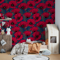 Vibrant red poppies on deep blue wallpaper design

