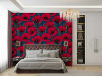 Elegant floral wallpaper with red poppies and blue backdrop

