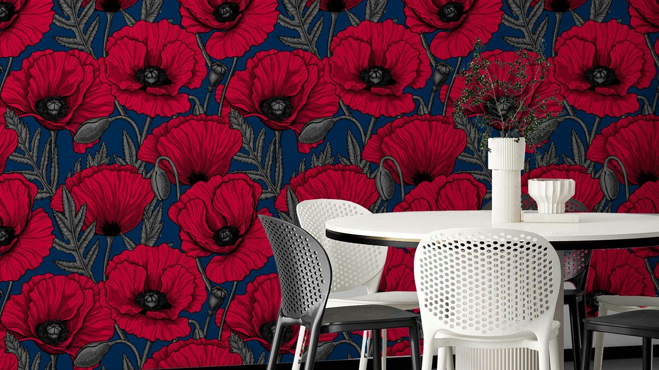 Floral wallpaper with red poppies on dark blue background

