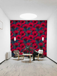Dark blue wallpaper with vibrant red poppy flowers


