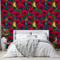 Lush botanical wallpaper in red and deep blue tones

