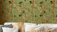 Tropical wallpaper with monkeys and parrots

