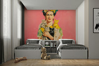 Elegant portrait mural with greenery and cats

