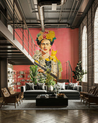 Whimsical mural featuring woman, flowers, and cats


