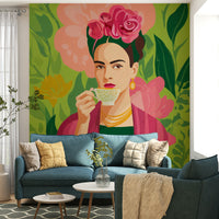Modern room with bold floral and portrait mural


