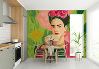 Mexican-inspired floral portrait mural in bold tones

