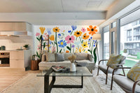Color block floral collage mural on feature wall

