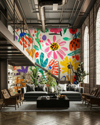 Cheerful floral wallpaper with modernist design

