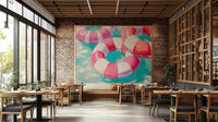 Whimsical wall art featuring summer pool fun

