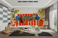 Cat sleeping on a watercolor couch mural for bedroom


