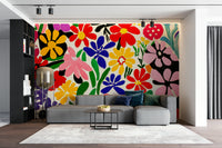 Abstract garden scene mural in modernist color palette

