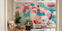 Relaxation-themed mural in light pink and cream hues

