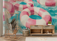 Soft blush and ivory mural creating spa-like ambiance

