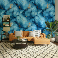Minimalist decor with soft azure wallpaper feature

