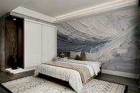 Elegant grayscale abstract mural in living room

