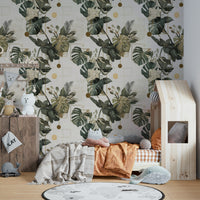 Gold lines and green foliage in contemporary wallpaper

