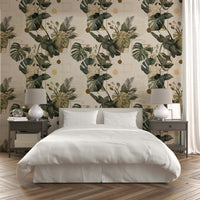 Linear design overlaying tropical leaves in wallpaper

