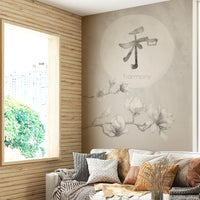 Soft abstract Japandi-style mural in neutral tones

