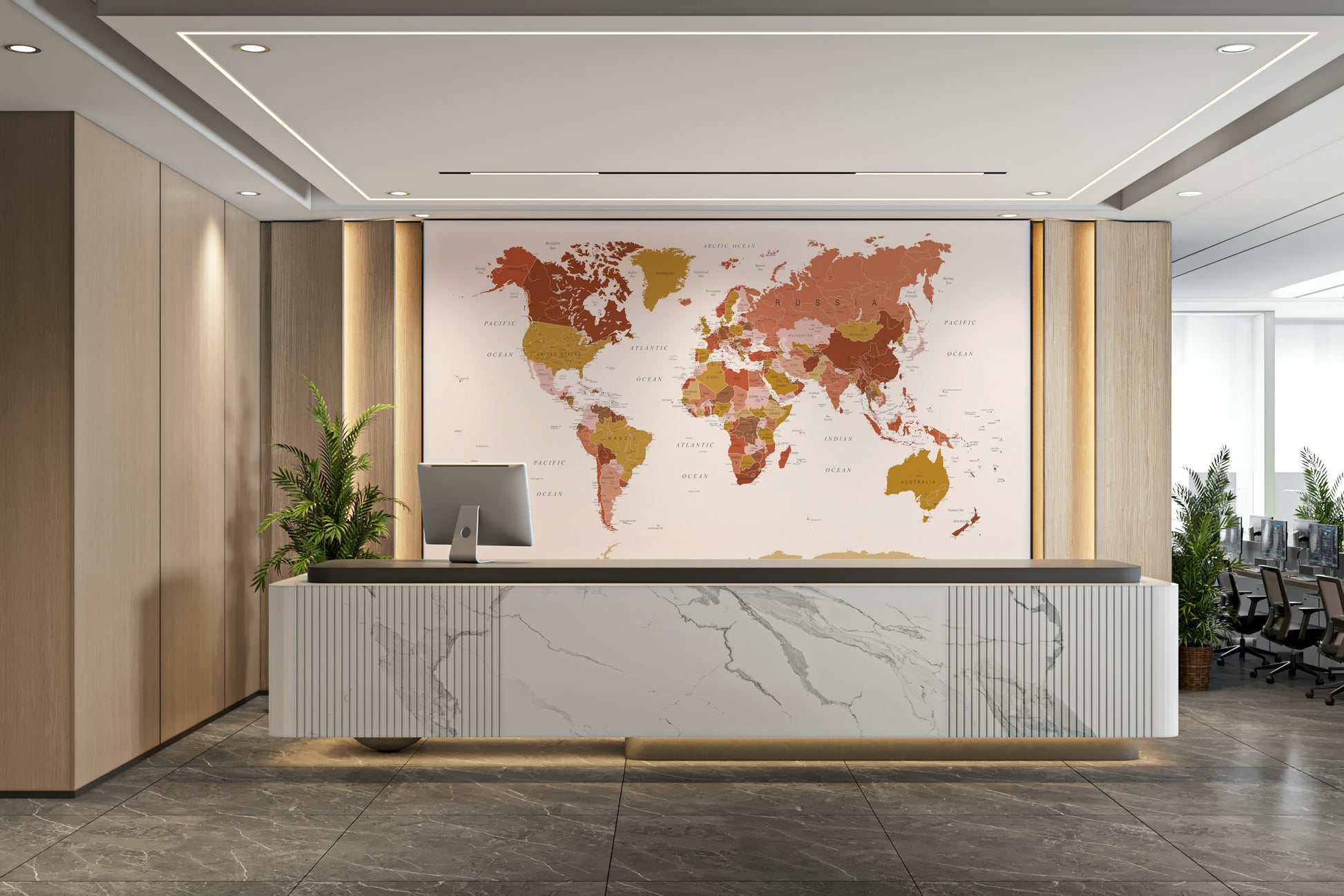World geography mural in beige and sand shades

