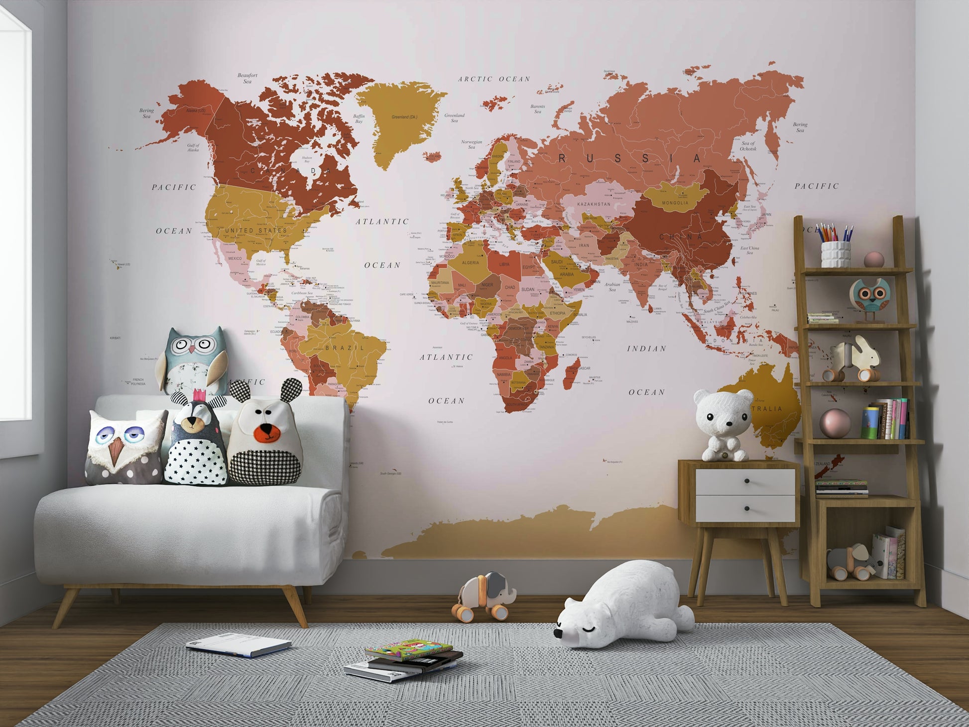 World Map Earth Tones mural in rustic decor

