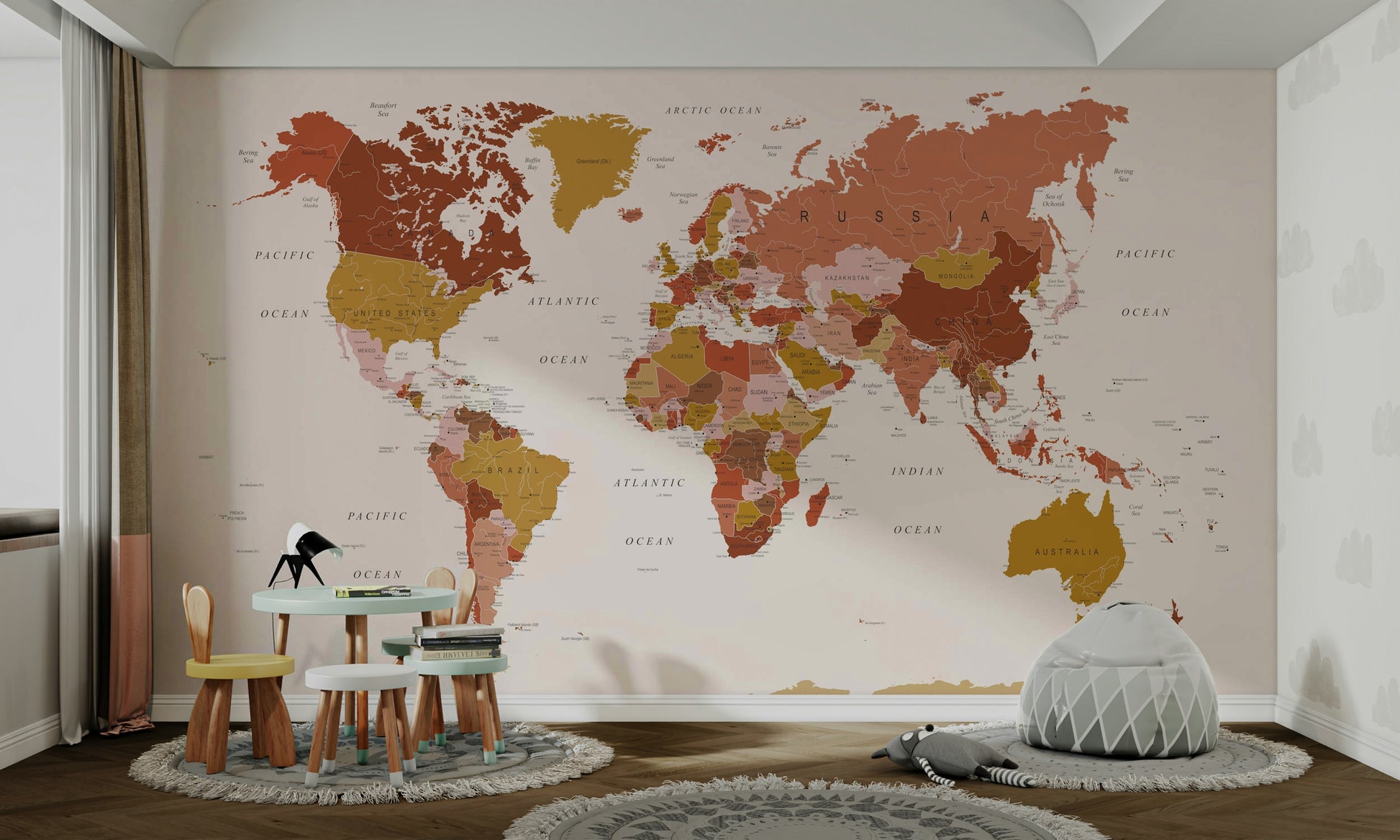 Antique-inspired mural with soft brown continents

