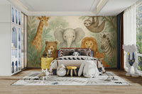 Jungle friends mural in soft pastel tones

