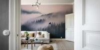 Peaceful living space with forest mist mural

