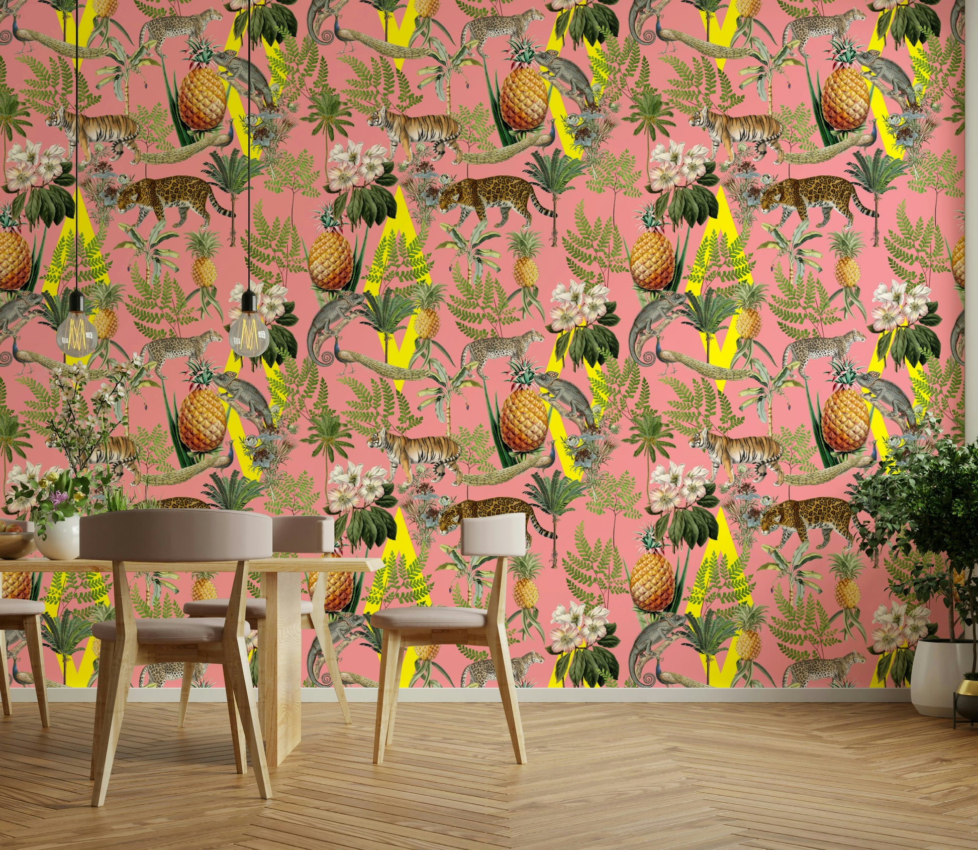 African savanna wallpaper with lions and acacia trees

