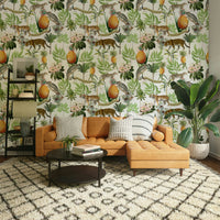 Wild animal wallpaper with tropical foliage elements

