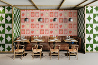 Retro stamp-themed wallpaper with strawberry prints

