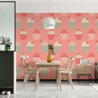 Vintage bakery wallpaper with cupcakes and swirls

