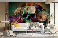 Statement mural with artistic skull and blossoms

