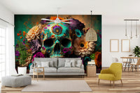 Wall mural with skull surrounded by blooming flowers

