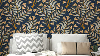 Botanical damask wallpaper in rich indigo tones

