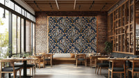 Trumpet Flower Damask Wallpaper in dark indigo blue

