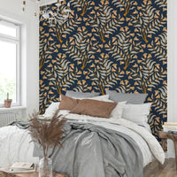 Elegant indigo wallpaper with trumpet flower motifs

