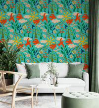 Joyful bird wallpaper with colorful garden scene

