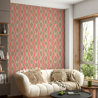 Cream and beige wallpaper with pink floral pattern

