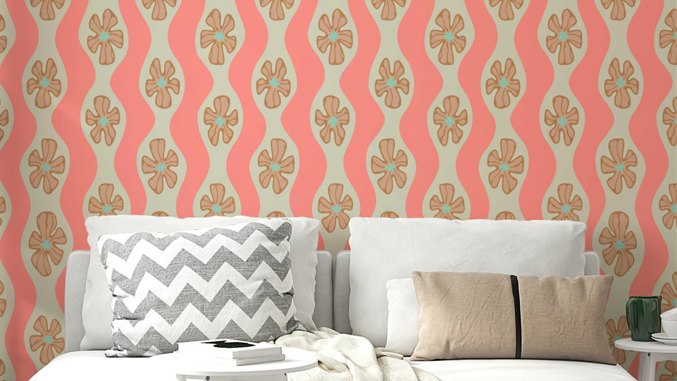 Cottage-style wallpaper with retro floral waves

