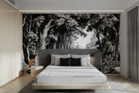 Classic black & white forest mural for interiors

