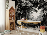 Monochrome forest landscape mural with depth

