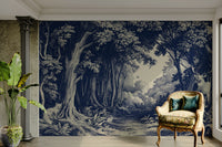Delft blue forest mural with layered tree silhouettes

