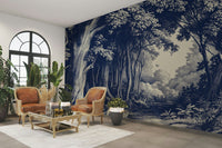 Tree silhouette mural in rich Delft-inspired blues

