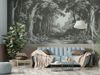 Layered tree wall mural in gray-slate colorway


