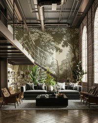 Into the Forest Wall Mural in olive green tones

