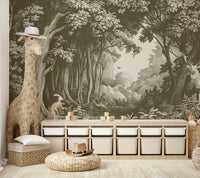 Green woodland mural with layered tree silhouettes

