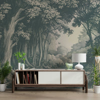 Forest landscape mural in rich teal color palette

